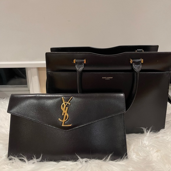 Saint Laurent YSL Small Uptown Cabas Top Handle Bag Black Clutch - Picture 3 of 15